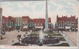Asheville North Carolina NC -CROWDS AT FOUNTAIN IN PACK SQUARE- Postcard Trolley - Picture 1 of 2