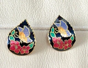 VTG CLOISONNE CURVED GOLD TONE TEARDROP POST EARRINGS. BUTTERFLY FLORAL MOTIF - Picture 1 of 4