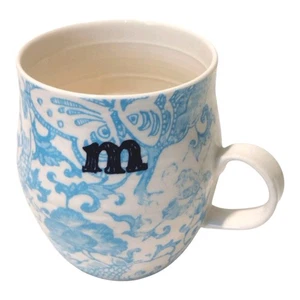 Anthropologie Mug Coffee Monogram Letter M Blue White Koi Fish Butterfly Floral - Picture 1 of 10