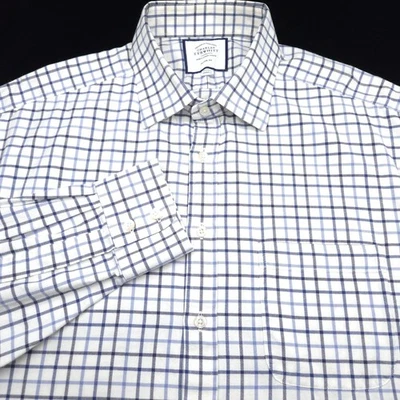 Camisa de Vestir Charles Tyrwhitt -17.5 35 Blanco Azul Cuadros Franela Sarga -Clásica Foto 1 de 4