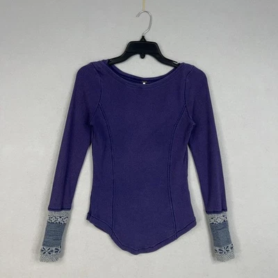 Free People 衬衫女式 XS 紫色华夫格保暖长袖蕾丝袖口波西米亚 — 第 1/4 张图片