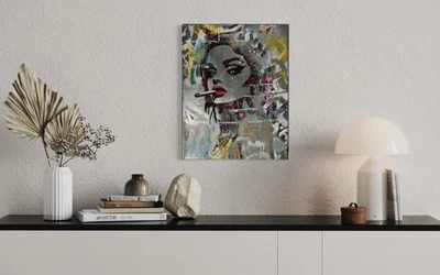 Arte en lienzo pintado en aerosol Rockstar Girl arte pop hecho a mano graffiti arte de pared urbano Foto 1 de 4