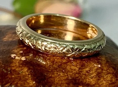 Ring 9 kt Gold Orangenblüten, feines engaviertes Band, 50er Jahre Vintage - Bild 1 von 4