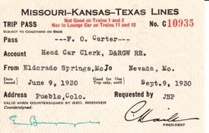 Missouri-Kansas-Texas Lines, 1930, pase de viaje, ver comentario (14950) - Imagen 1 de 1
