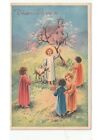 1952 Easter Card Jesus Lamb Children Olive Peach Chiesa Mantis D' Epoca