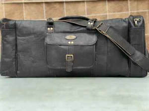 Leather Travel Men Duffel Luggage Gym Weekend Overnight Black (Cross-Body) Bag - Picture 1 of 7