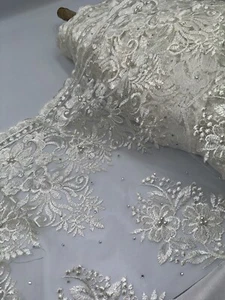 1 mtr ivory embroidered pearl scalloped bridal tulle net fabric 52” wide - Picture 1 of 7