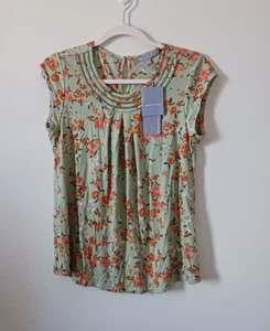 Daniel Rainn Petite Womens Blouse Top Size PS Green Orange Floral Sleeveless NWT - Picture 1 of 7