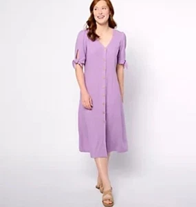 Susan Graver PURE Regular Linen Blend Tie Sleeve Midi Dress Lavender Plus Sz 2X - Picture 1 of 6