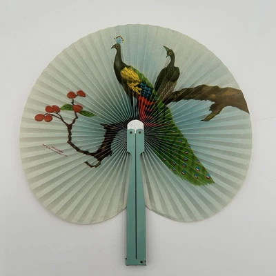 Abanico de papel chino plegable vintage - pájaros pavos reales - República Popular de China Foto 1 de 4