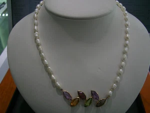 PEARL AND MULTI COLOR GEMSTONE 14 KARAT YELLOW GOLD CULTURED PEARL NECKLACE WOW! - Picture 1 of 11