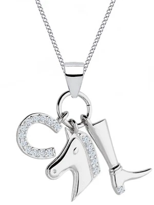 Halskette Silber Pferd Hufeisen 925 Sterling mit Zirkonia Anhänger mit Kette - Bild 1 von 3