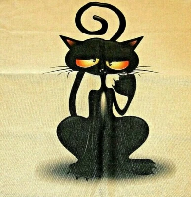 Square Cotton Canvas Cross-eyed Black Cat Pillow Cover 17.5" x 17.5" NEW (#63) - Image 1 of 4