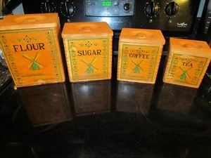 4 Vintage Nesting Dovetail Wooden Canisters Fred Roberts Flour Sugar Coffee Tea - Picture 1 of 11