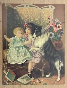 ANTIQUE GERMAN LITHOGRAPHY POSTER PRINT / CHROMOLITHOGRAPH CHILDREN DOG GERMANY - Picture 1 of 9