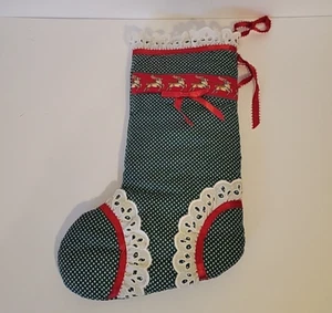 Handmade Fabric Christmas Trees Ruffle Hanging Stocking w/ Reindeers 16" L - Picture 1 of 10