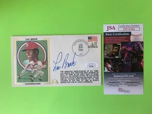 Cubierta de sobre escondite de Lou Brock Cardinals primer día firmada automática JSA certificado de autenticidad - Imagen 1 de 3