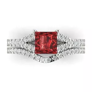 Juego de anillos de boda de granate rojo real princesa de 2,01 quilates curvos de oro blanco de 14 k - Imagen 1 de 11