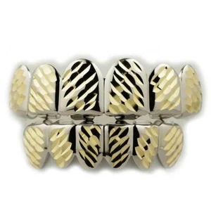 14K White Gold Plated DIAMOND CUT Grill Top and Bottom Teeth Hip Hop GRILLZ SET - Picture 1 of 4