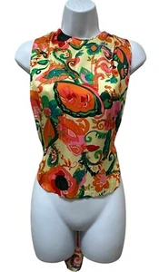 Vintage Open Back Apron Tie Halter Top Bright Retro Print Hippie - Picture 1 of 11