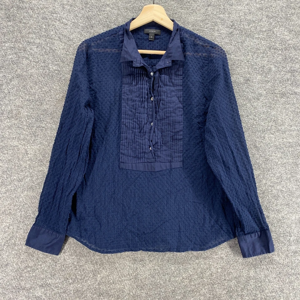 J. Blusa Crew Mujer 8 Azul Lunares 1/2 Botón Cuello Manga Larga Top Transparente Foto 1 de 4