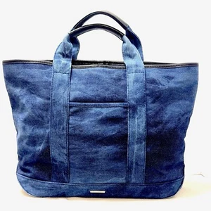 Blue Denim Tote Bag Purse Black Leather Trim Rebecca Minkoff Large NWOT - Picture 1 of 16