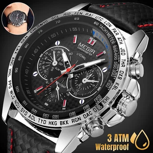MEGIR Waterproof Men Military Quartz Stainless Steel Leather Analog Sports Watch - Picture 1 of 12