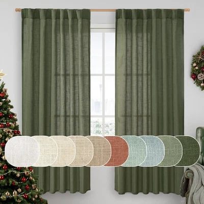 Linen Curtains 72 inches Long for Living 52"W x 72"L (Pack of 2) Olive Green - Image 1 of 4