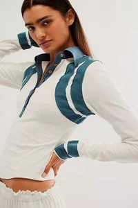 Free People Wednesday Polo Tee Blouse Top Long Sleeve Contrast Ivory M 281801 - Picture 1 of 9