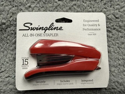 Grapadora todo en uno Swingline roja 15 hojas compacta media tira removedor integrado Foto 1 de 2