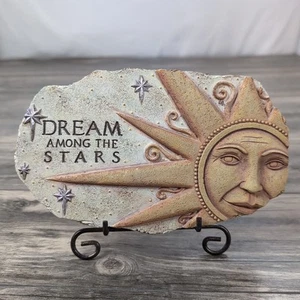 Sun Face Stone Garden Plaque Celestial Stars Deco Indoor Outdoor w/ Stand - Picture 1 of 10
