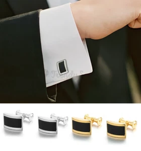 Elegant Rectangle Curved Plain Black Onyx Cufflinks Men's Formal Date Cuff Link - Picture 1 of 32