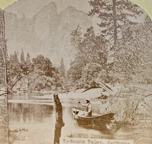 California Stereoview Yosemite Valley Merced River ~ Guy In A Boat Old Photo - Picture 1 of 6