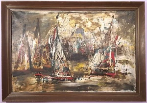ABSTRACT OIL PAINTING VENICE ITALY SAILBOATS MID-CENTURY POLLOCK STYLE SPLATTER - Picture 1 of 11