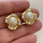 Vintage 90s Monet Gold Tone Square Faux Pearl Cab Rhinestone Clip On Earrings