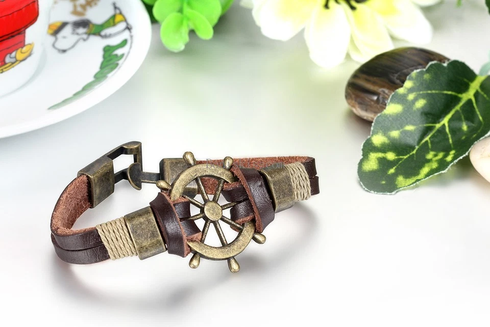 Bronze Tone Retro Pirate Rudder Brown Leather Cord Strap Mens Bracelet Wristband - Image 1 of 1