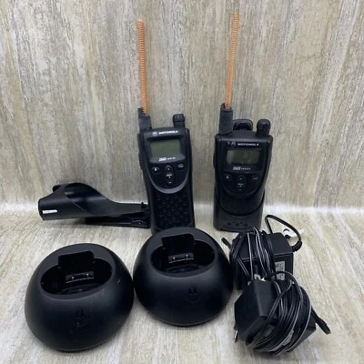 Lot Motorola xtn series 2 radios 1 belt clip 2 charger stations VHF Untested - Image 1 of 4