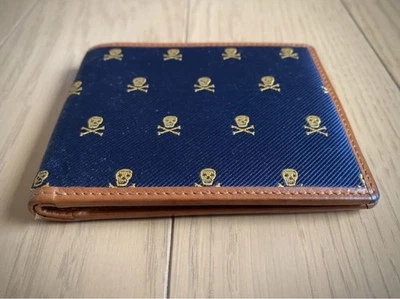 Ralph Lauren Rugby Skull Leather Nylon Card Case Wallet Brown Navy - Image 1 of 3