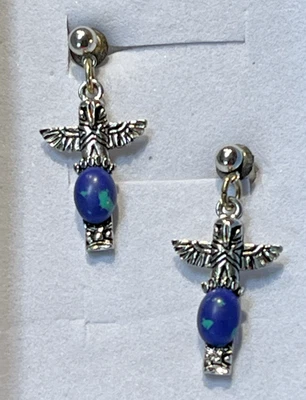 Pendientes de piedra ovalada vintage de plata esterlina .925 tótem y cabujón azurita Foto 1 de 4