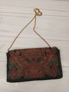 Vintage Perlen Handtasche Made In Hong Kong Hand Perlen Bunt Gold Kette Lang - Bild 1 von 6