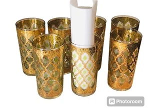 MCM Set Of 7 Culver Valencia Highball Glasses W 22K Gold & Green Diamond Pattern - Picture 1 of 13