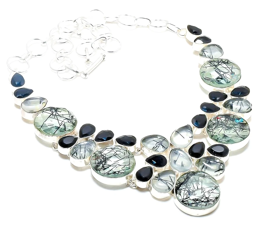 Collar de joyería hecho a mano de plata de ley 925 con piedras preciosas de cuarzo rutilado negro Foto 1 de 4