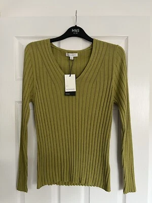 AUTOGRAPH M&S WOMENS WILLOW GREEN SILK BLEND V NECK RIBBED JUMPER Size 16 Bnwt - Image 1 of 4