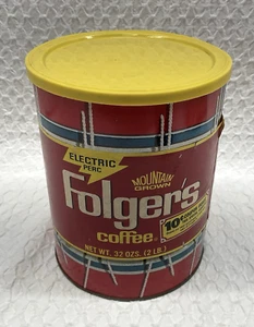 Vintage Folgers Coffee Tin Can with Plastic Lid Paper 32 oz. 2 lb. Patriotic - Picture 1 of 11