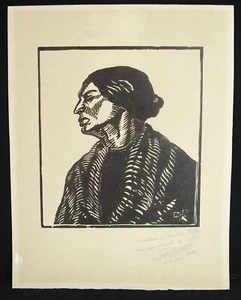 Gravure sur bois c1960 Bretonne Bretagne artiste à déterminer dédicace à Rollin - Imagen 1 de 3