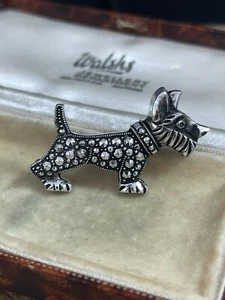 Vintage Scottie Dog Brooch Silver Tone Metal Pin Rhinestone Faux Marcasite 1960s - Picture 1 of 8