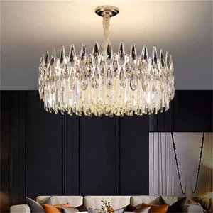 Modern Crystal Chandelier Gold Finish Light Fixture Circle Crystal Pendant Light - Picture 1 of 24