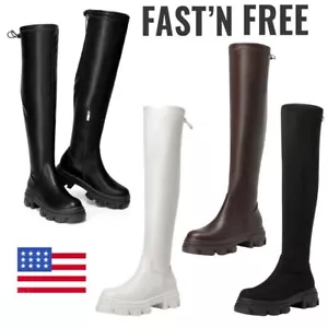 Women's Over The Knee Platform Thigh High Boots Long Stretch Soft Chunky Lug USA - Picture 1 of 26
