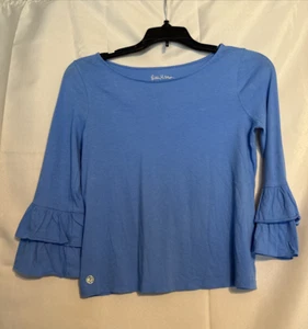 Lilly Pulitzer Girls Ruffle Mazie Top Shirt Coastal Blue Size Large 8-10 - Picture 1 of 5