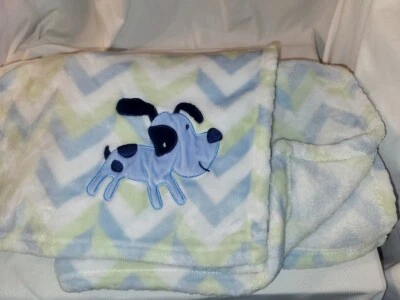  Baby Essentials Blanket Blue Green Chevron Stripe Puppy Dog Plush Soft - Image 1 of 4